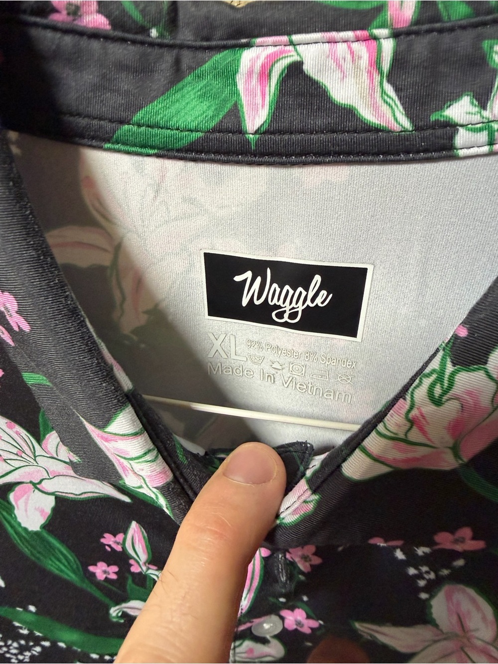 Men's Black Floral Polo with Pink & Green Print - Picture 3 of 3